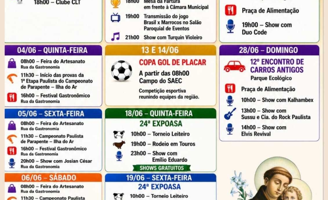 ANIVERSARIO DE SANTO ANTONIO DA ALEGRIA MES DE JUNHO DE 2026