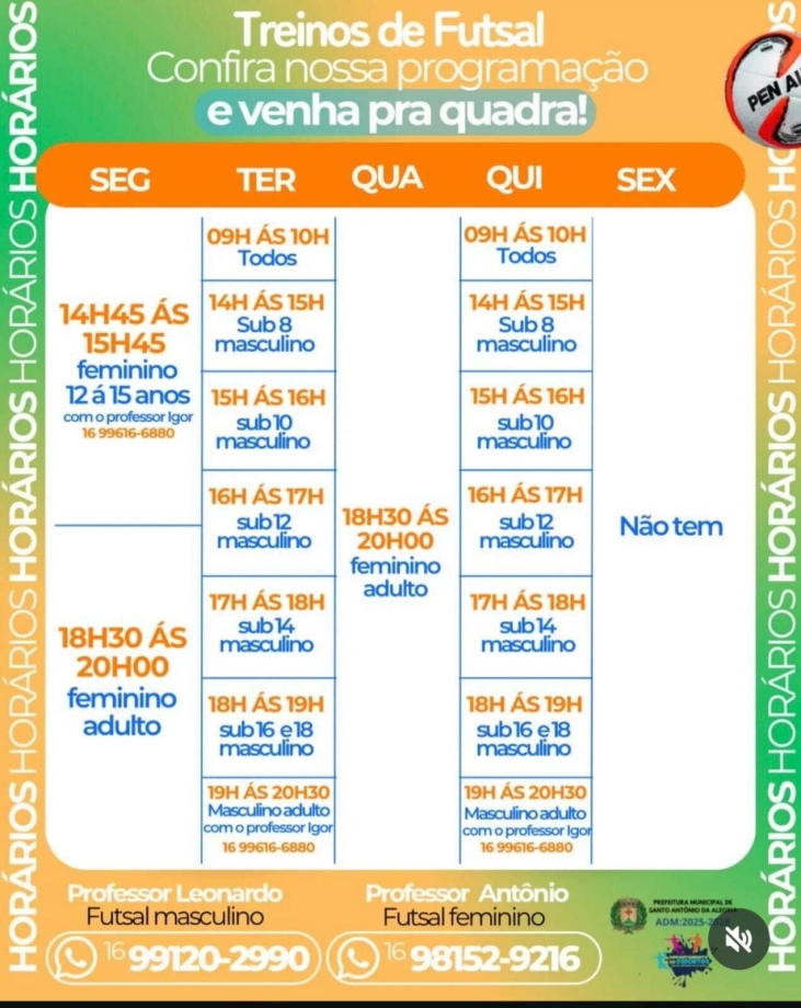 Horarios do futsal femininio e masculino 