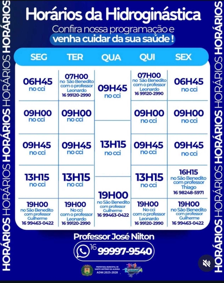 Horarios da Hidroginástica 