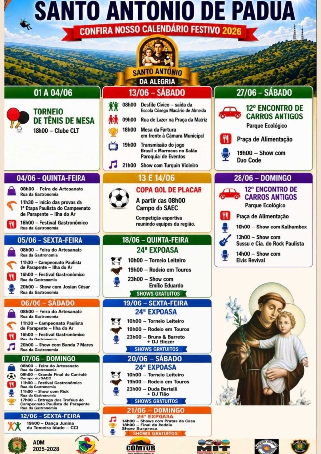 ANIVERSARIO DE SANTO ANTONIO DA ALEGRIA MES DE JUNHO DE 2026